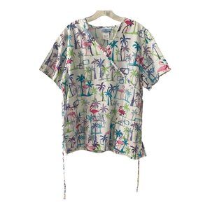 SB Scrubs Flamingo Palm Tree Print Wrap Scrub Top White Size L